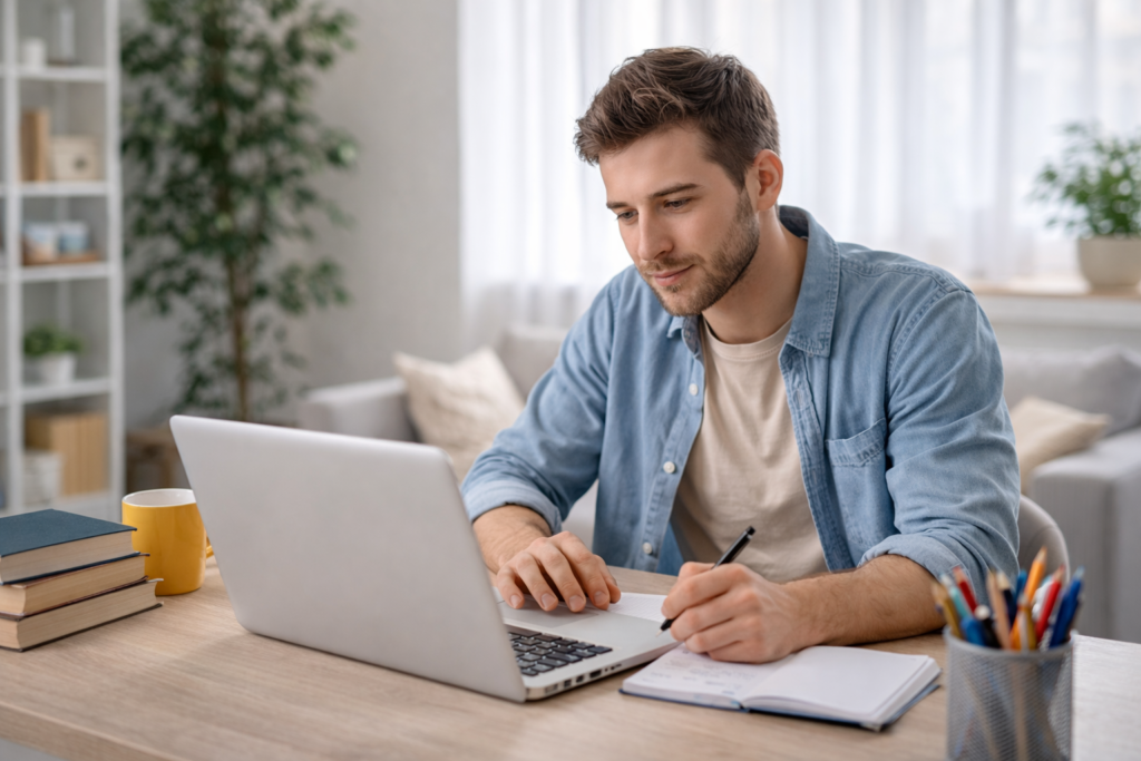 persona estudiando oposiciones online en casa con portátil y cuaderno