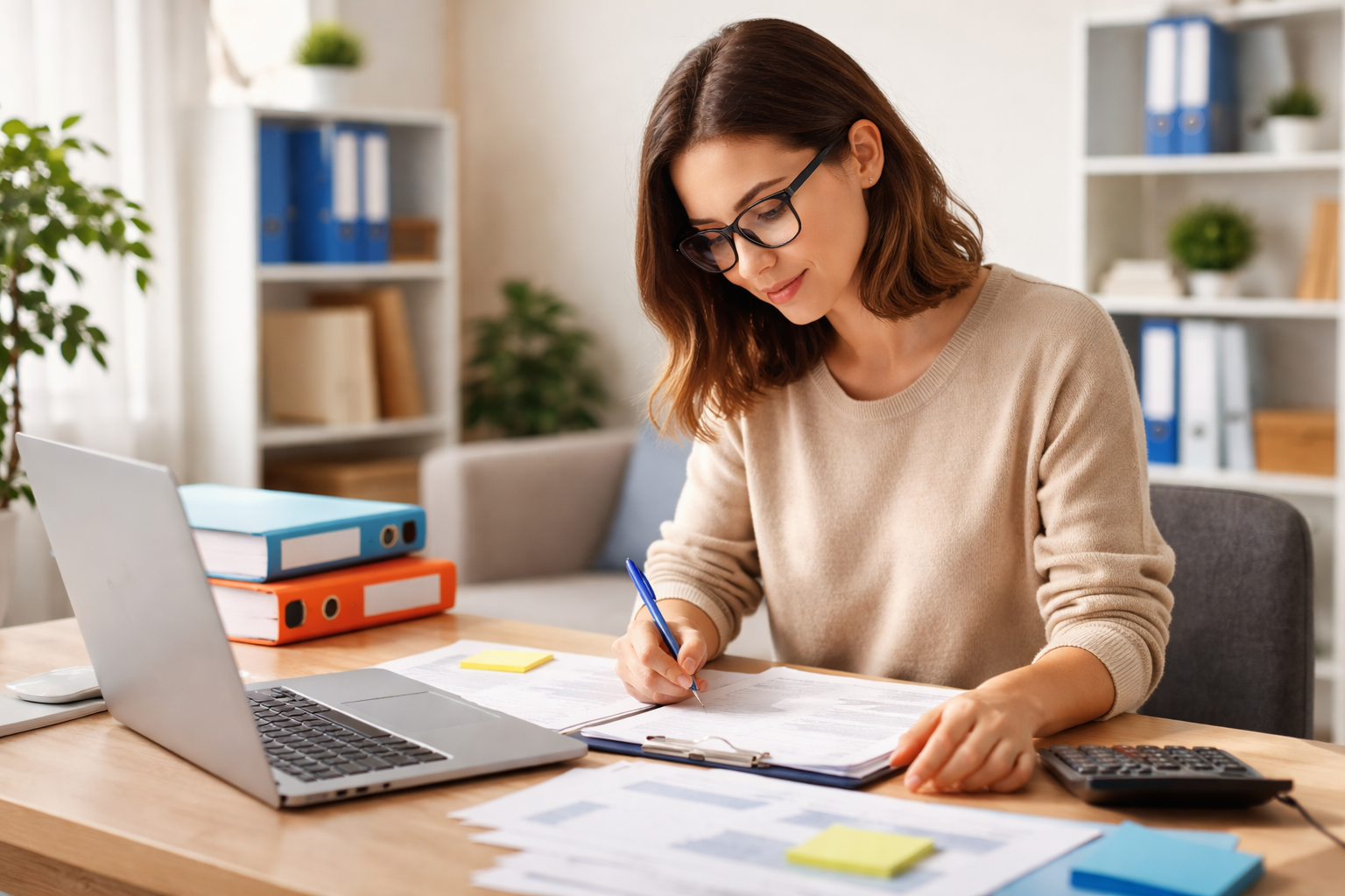 Opositora estudiando administrativo en un escritorio con portátil, documentos y material de oficina en un entorno de estudio organizado.
