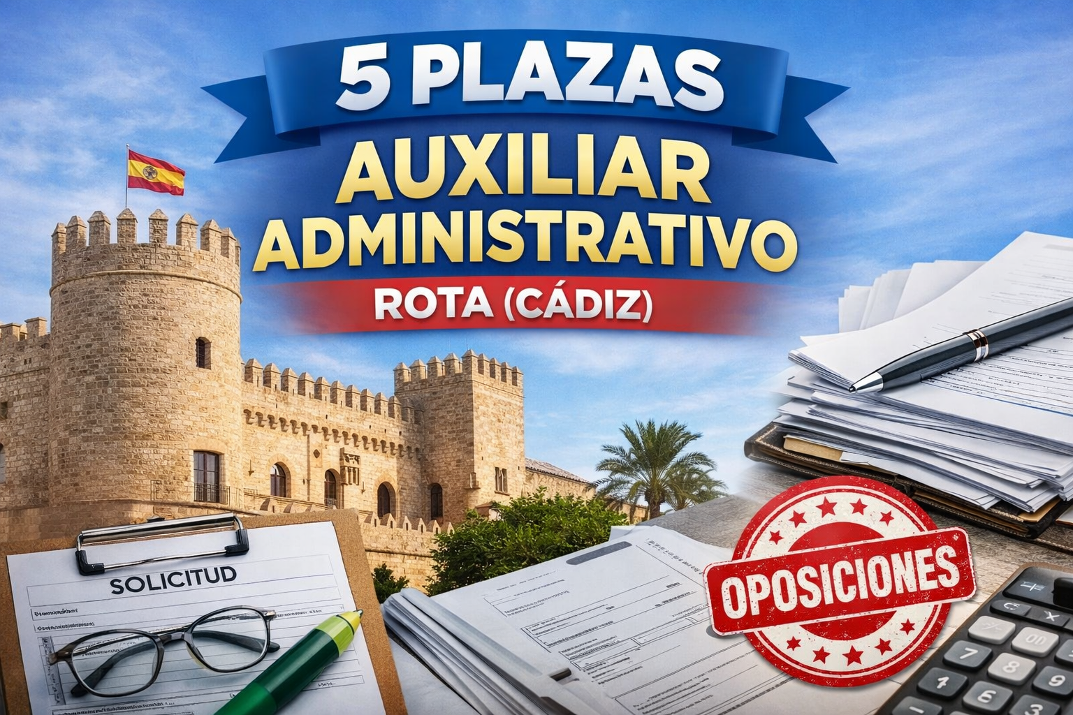 5 plazas auxiliar administrativo Rota Cádiz convocatoria Ayuntamiento oposiciones auxiliar administrativo