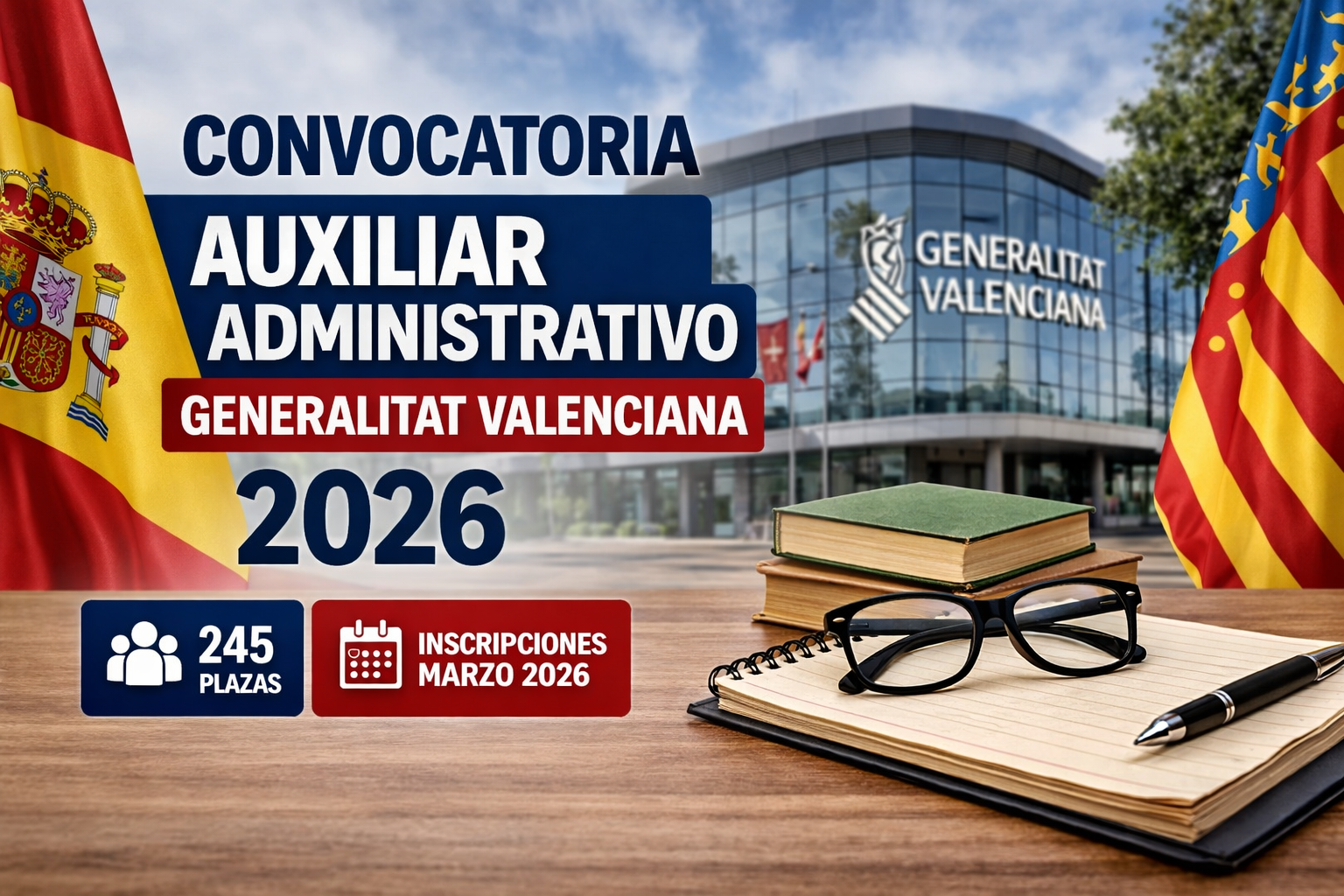 Convocatoria de Auxiliar Administrativo de la Generalitat Valenciana 2026 con 245 plazas y plazo de inscripción en marzo