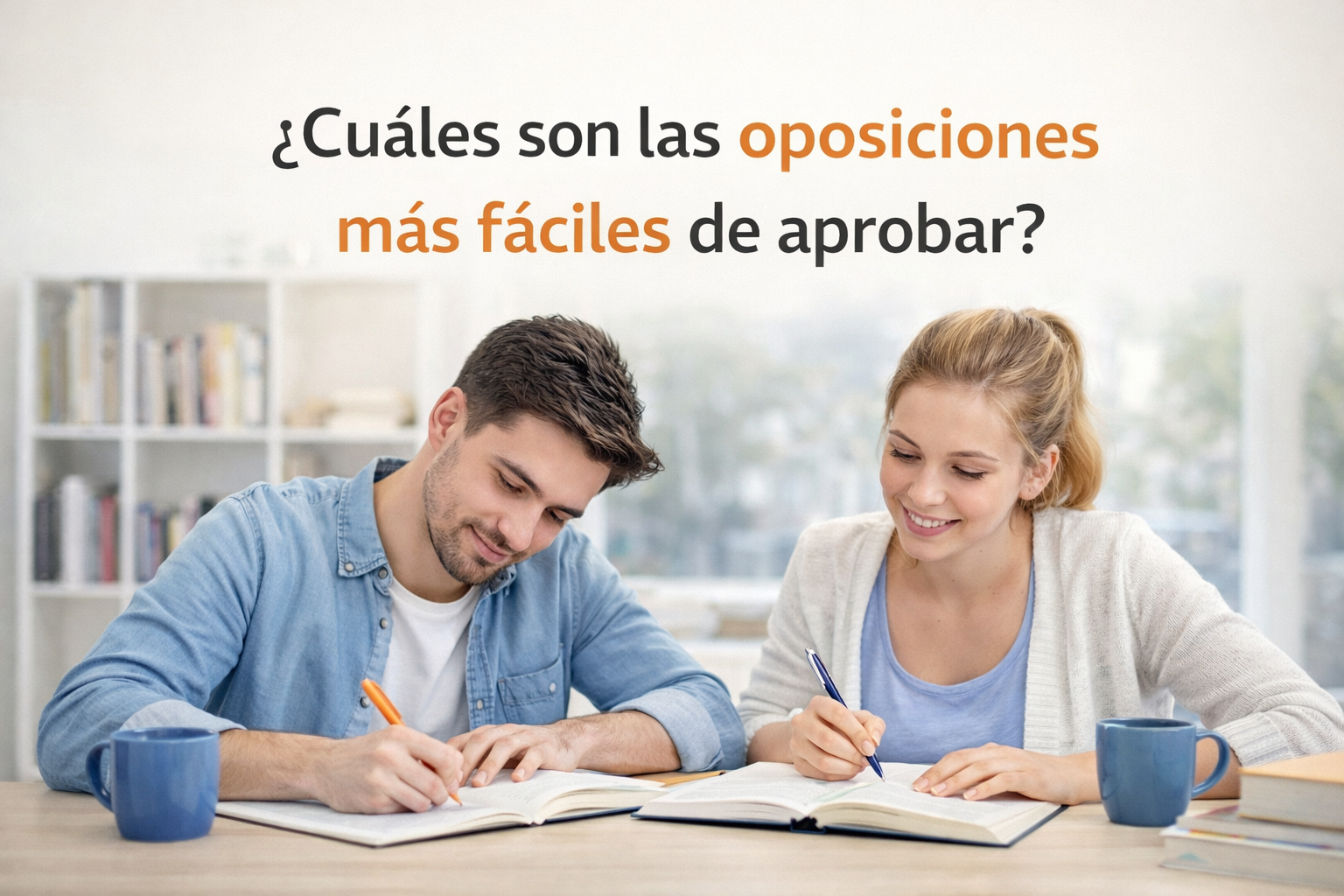 Dos opositores estudiando en una mesa con el texto oposiciones más fáciles de aprobar