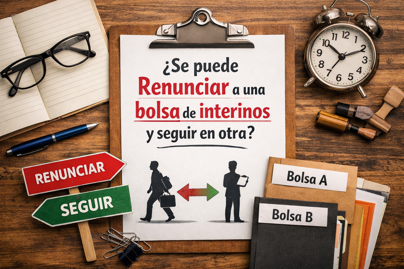 Diseño conceptual sobre renunciar a una bolsa de interinos y seguir en otra con carpetas, señales y documentos sobre una mesa