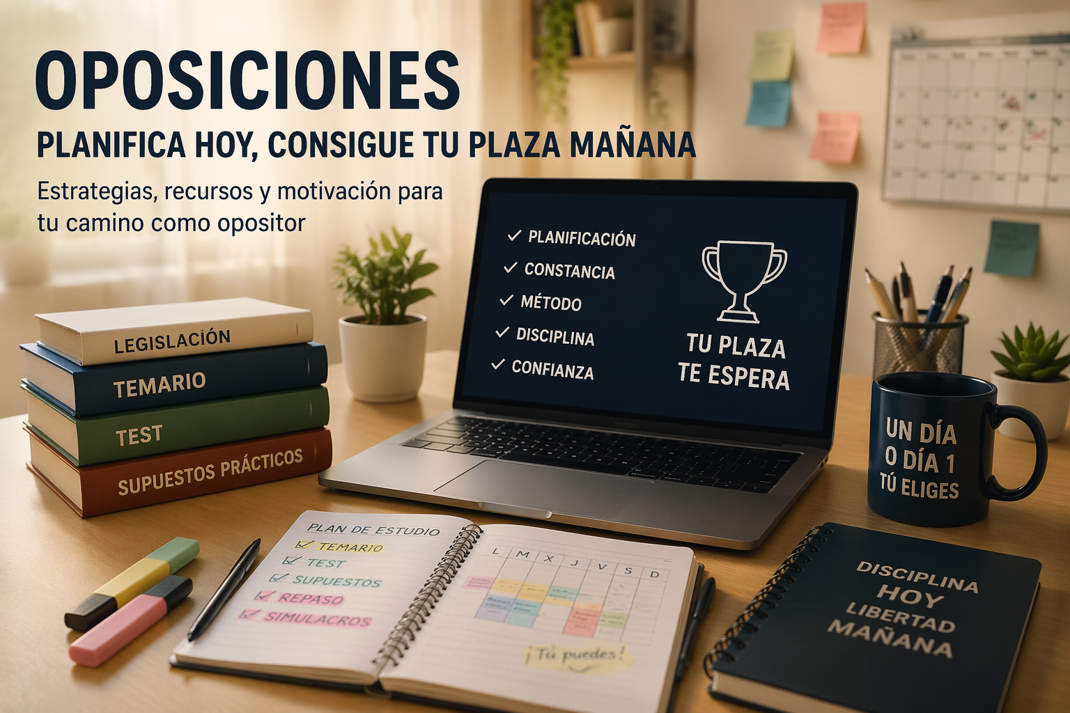 Espacio de estudio para oposiciones con libros, apuntes, portátil y planificación organizada para optimizar el estudio