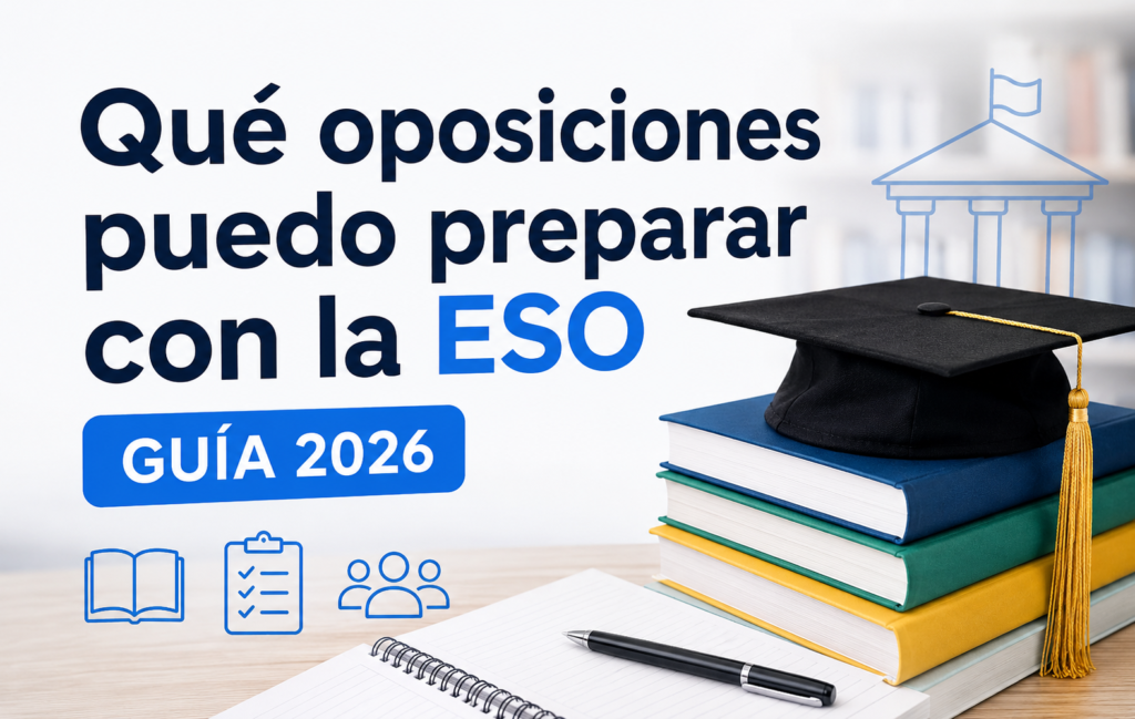 Imagen para blog sobre oposiciones que se pueden preparar con la ESO en 2026, con libros, birrete y el texto “Guía 2026”